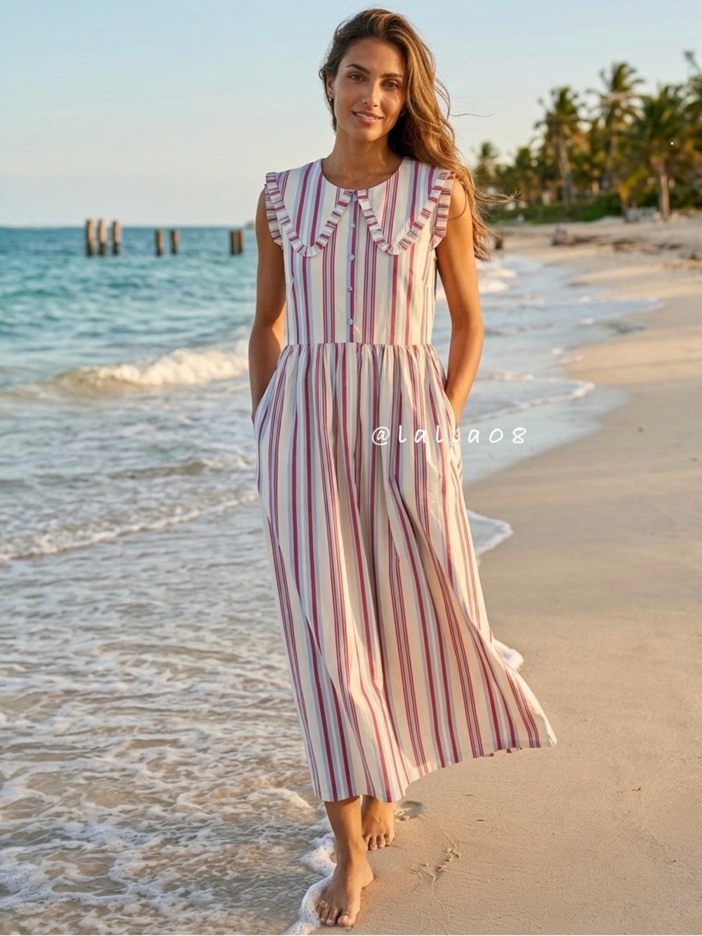 Caroline Constas Striped Ruffle-Collar Maxi Dress